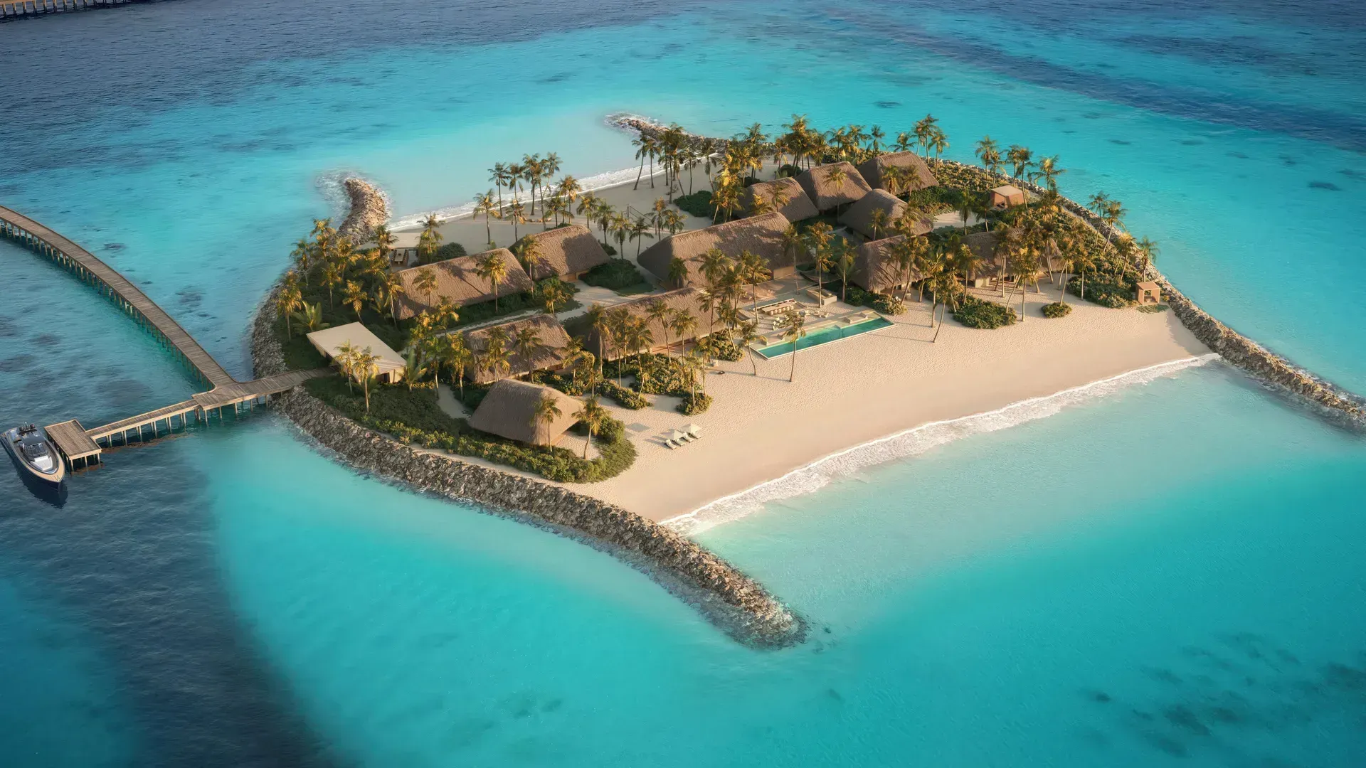 Aerial rendering of a small palm-covered private island with thatched-roof pavilions, a long swimming pool and a wide white beach, ringed by turquoise lagoon, with a boardwalk and a boat at a jetty on the left