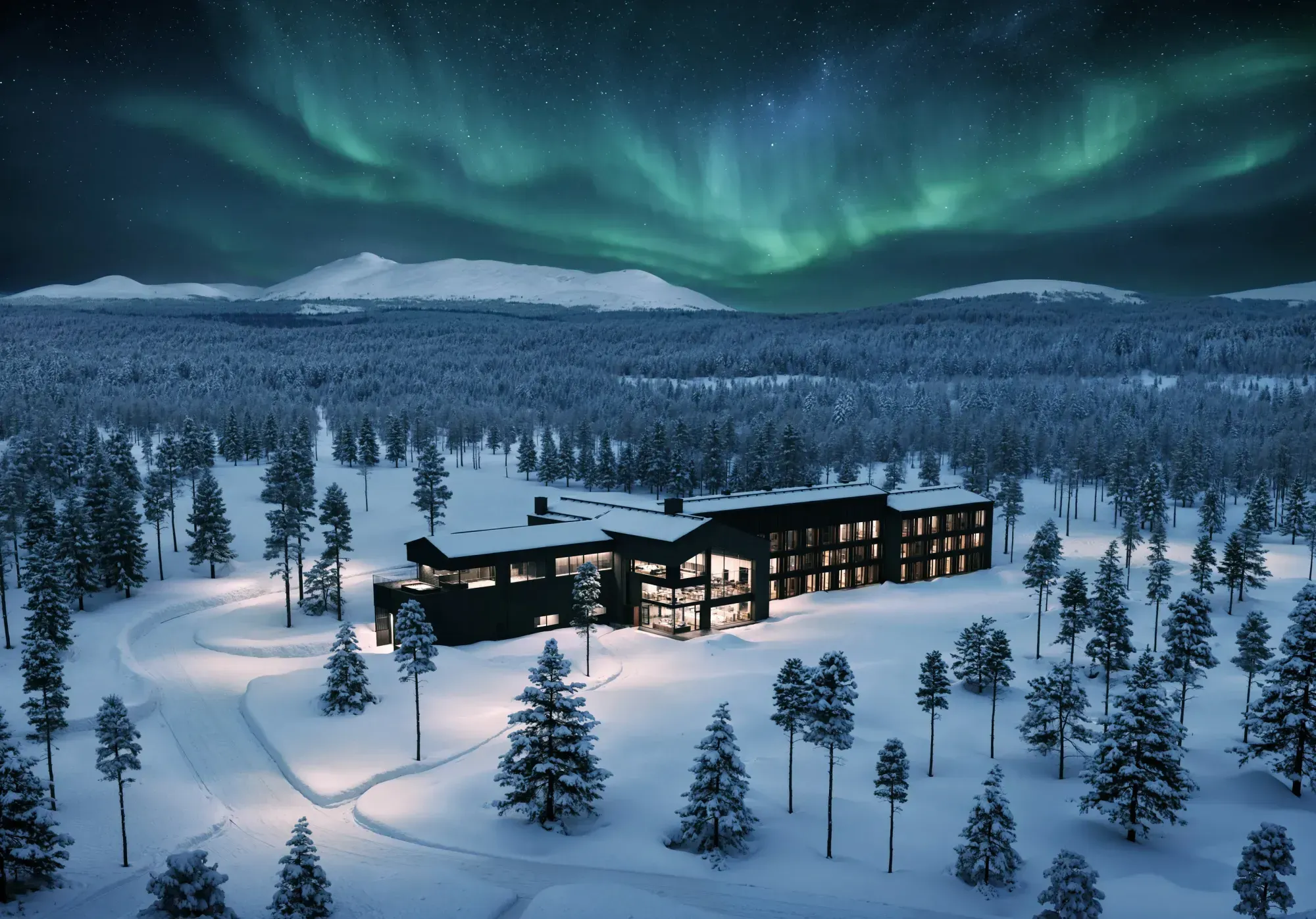 Architectural rendering of a low, dark, timber-clad hotel building set in deep snow among spruce trees, lit from within, beneath a green aurora arc and a line of low fells