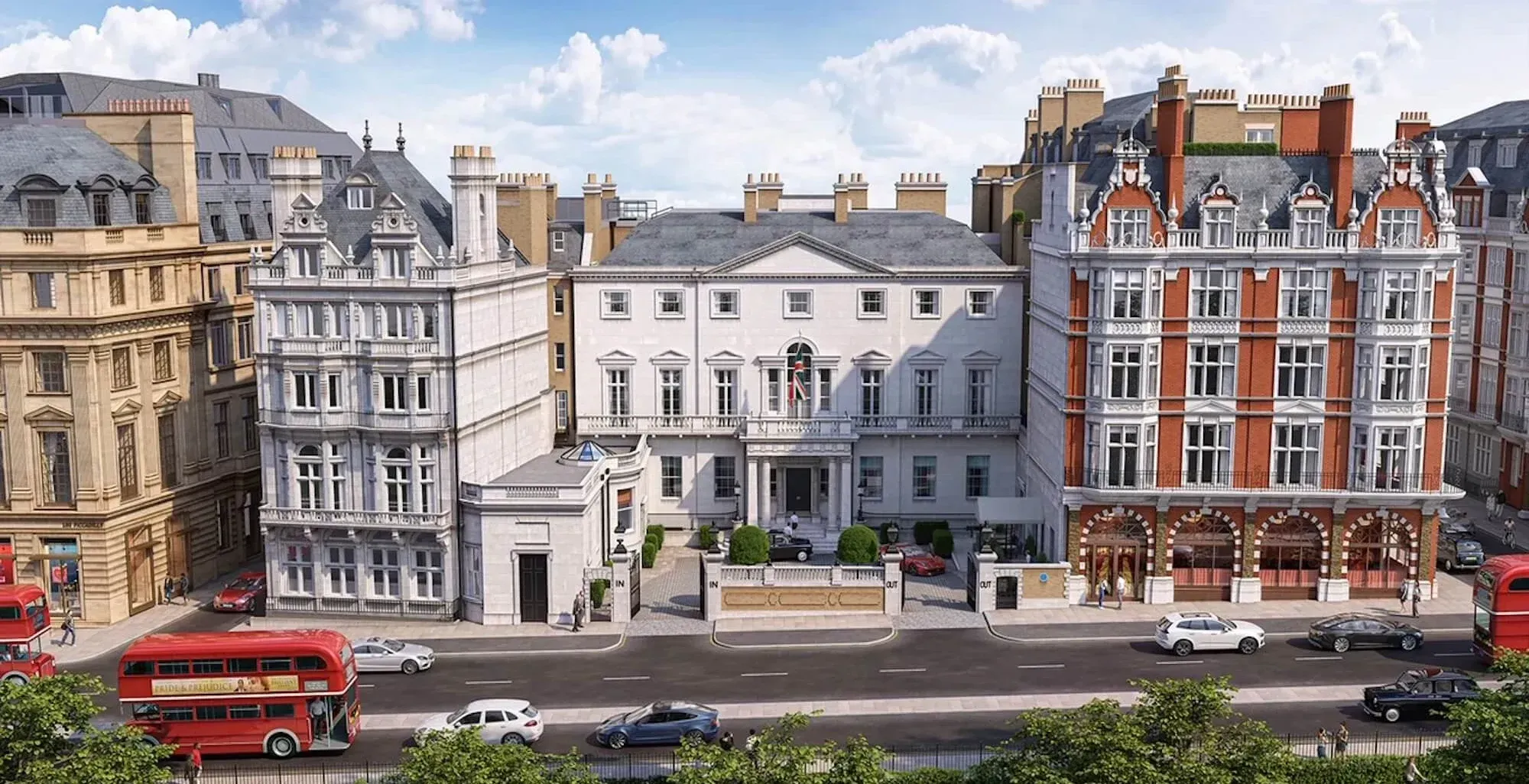A rendering of the restored Palladian front of 94 Piccadilly, a pale stone mansion set back behind gate piers marked IN and OUT, with a red bus and traffic passing on Piccadilly