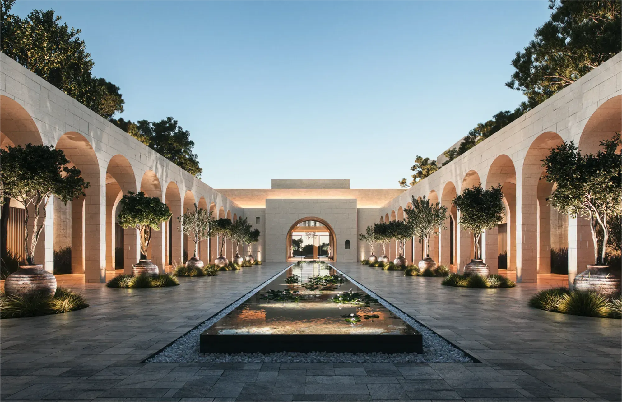 Render of an arcaded limestone courtyard at La Maviglia, with olive trees in terracotta urns along both colonnades and a long reflecting pool running to an arched opening at the far end