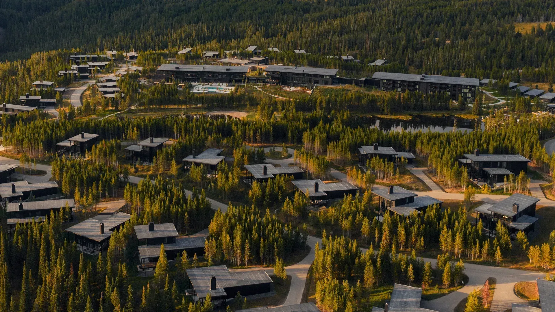 Aerial view of dark-roofed cabins scattered through a pine forest, with long, low lodges and a pool behind them in late sun