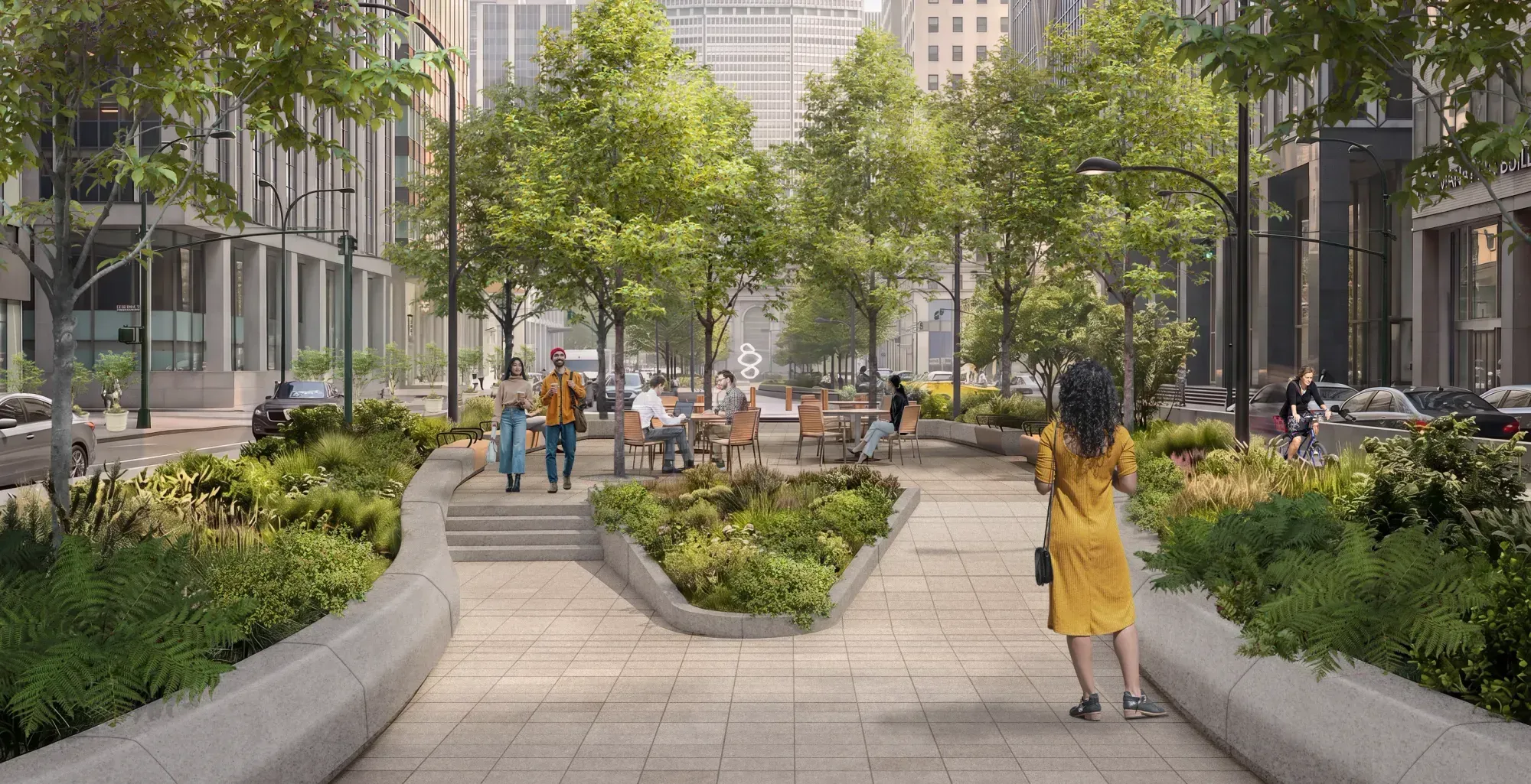 A rendering of a widened Park Avenue median at 50th Street, paved in pale stone with curving planted beds of ferns and grasses, young trees, cafe tables and people walking, with office towers on both sides