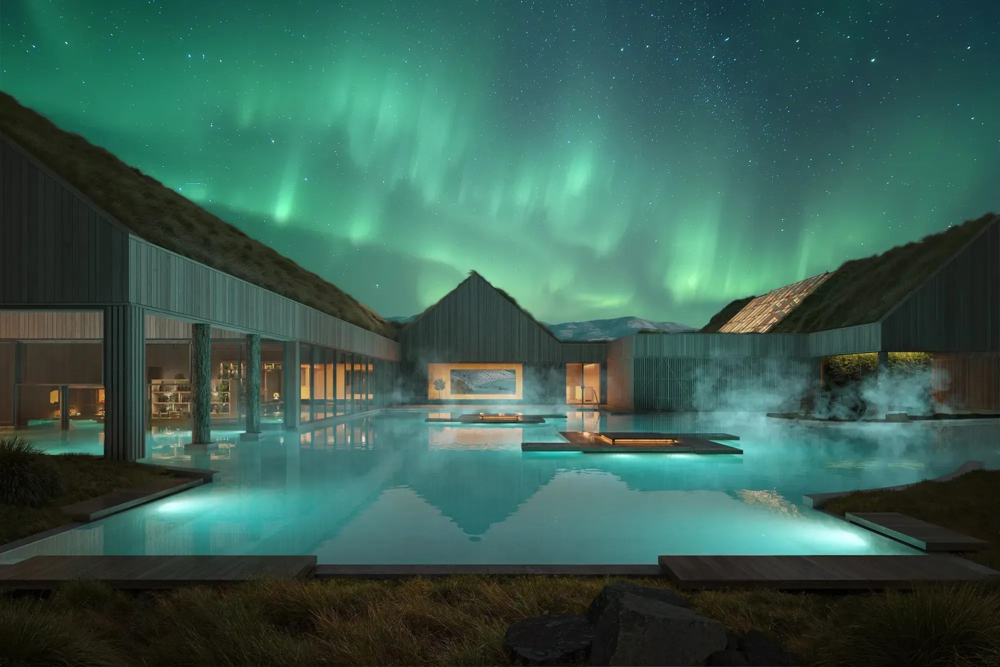 The lagoon courtyard at night under the northern lights, steam drifting off the water between turf-roofed timber pavilions