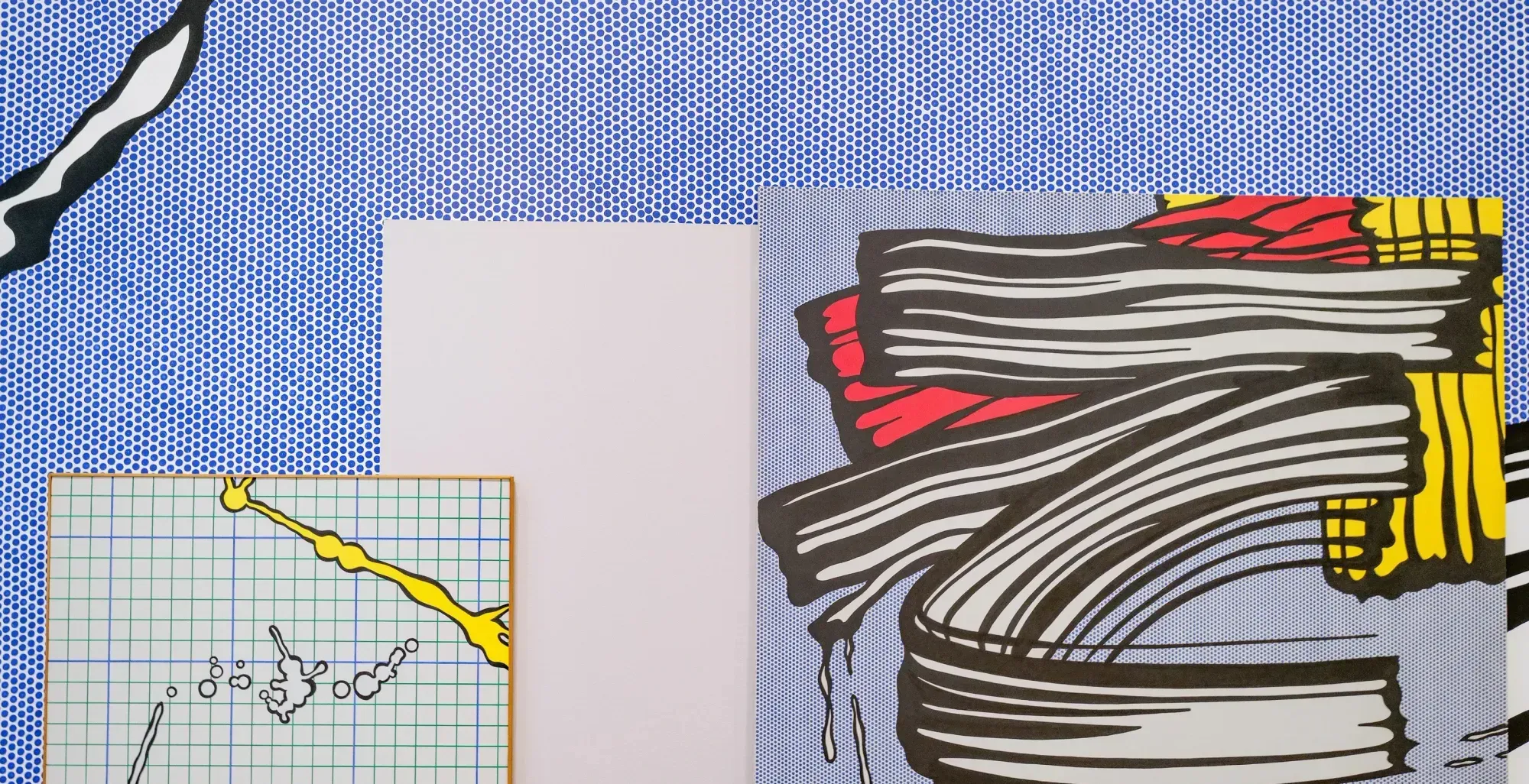 Re-created wall of the Brushstroke Mural behind Roy Lichtenstein's 1960s brushstroke paintings at the Whitney