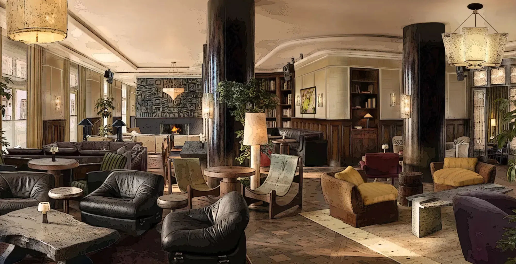 Rendering of a lounge at Soho House NoMad with leather armchairs, dark columns, bookshelves and a fireplace