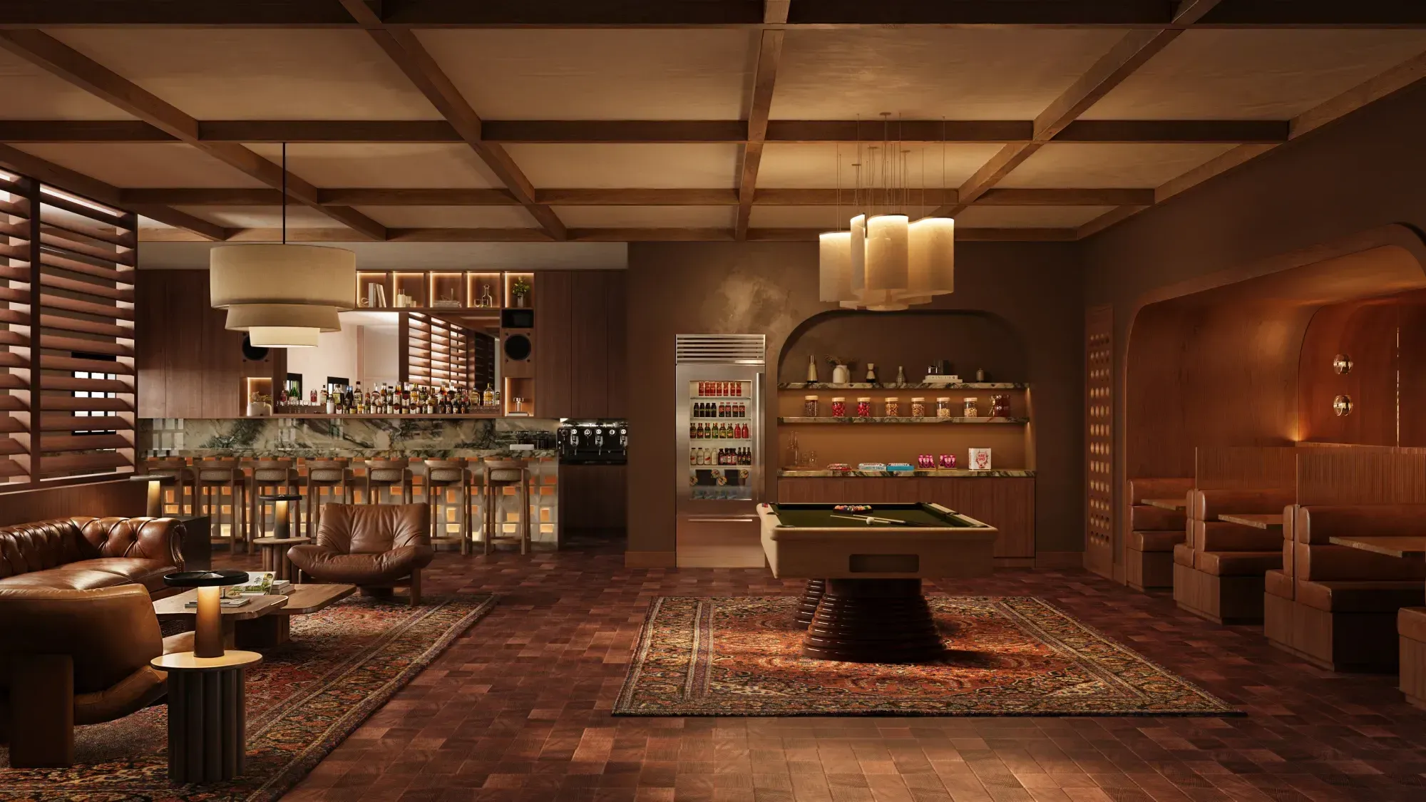 Render of the main Stableford lounge, with a long bar under a coffered timber ceiling, leather chesterfield seating on Persian rugs and a pool table