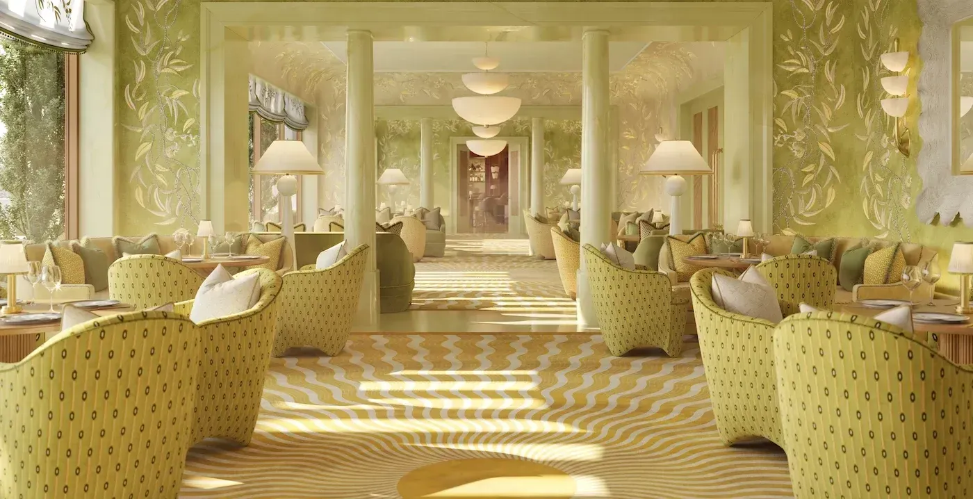 Rendering of the Drawing Room restaurant at The Knox, Auberge Collection, with green walls painted with climbing vines, pale columns, a wave-patterned carpet and patterned armchairs around set tables